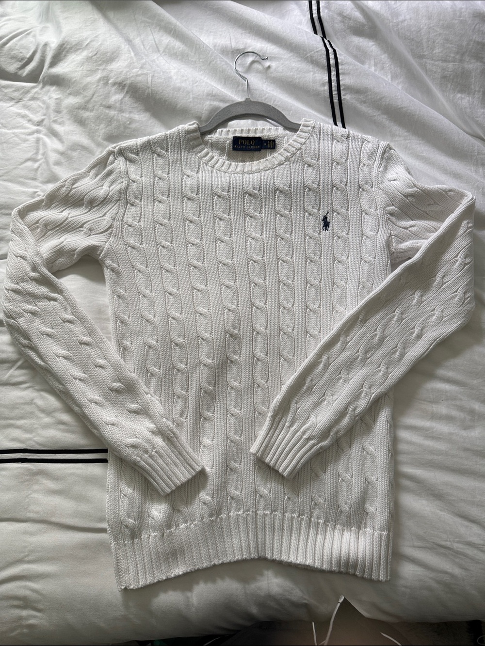 Polo by Ralph Lauren White Cable Knit Crewneck Sweater with Navy Pony - Picture 3 of 5